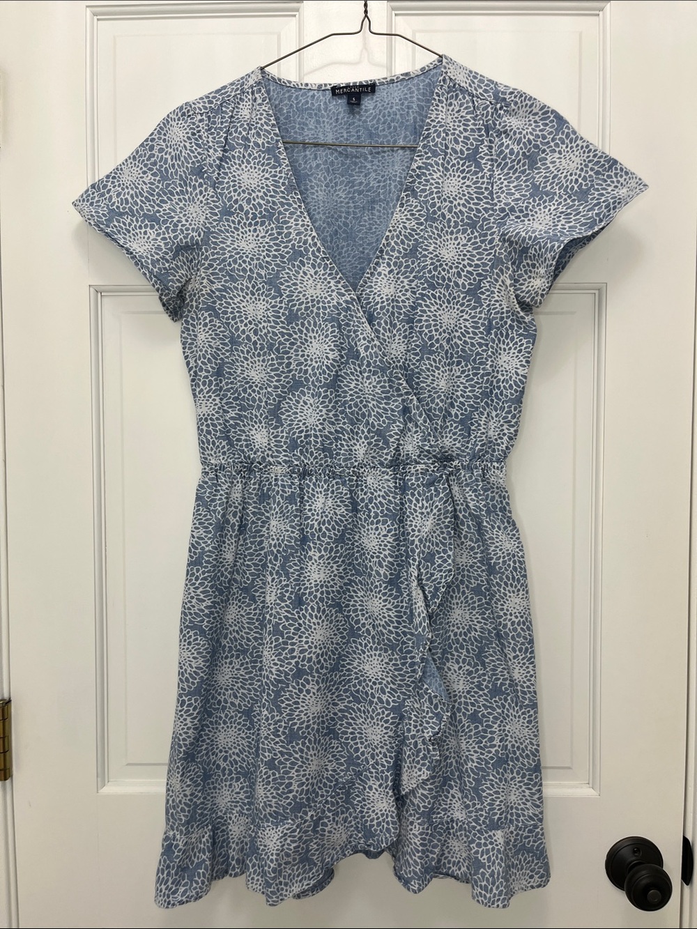 J. Crew Light Blue Denim Floral Printed Faux Wrap Mini Dress - Size Small